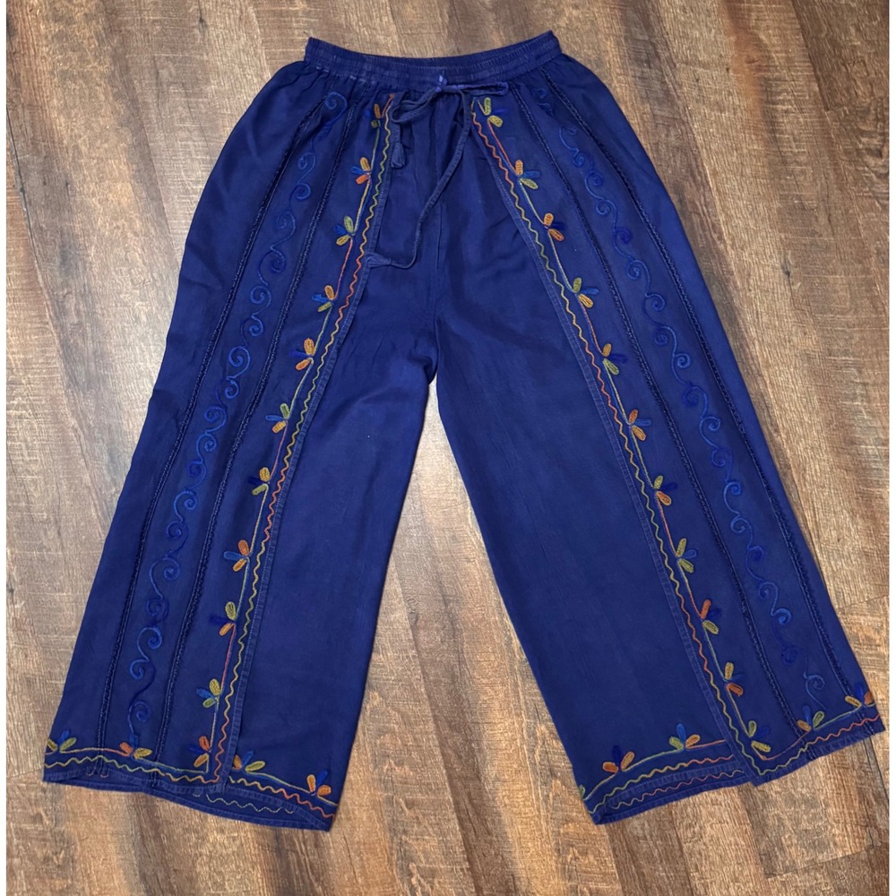 Ashley Taylor Boho Embroidered Split Leg Wide Leg Palazzo Pants One Size